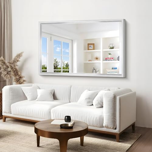 60 x 40 inch Brushed Silver Bathroom Mirror, Large Metal Framed Rectangle Mirror, 0.6" Thickened Deep Frame Mirrors for Living Room Bedroom, Tempered Glass, Antirust, Horizontal or Vertical