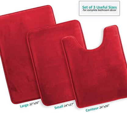 Clara Clark 3 Piece Bathroom Rugs Bath Mat Set, Velvet Memory Foam Bath Mats for Bathroom - Non-Slip, PVC Backing Bath Rugs, Washable - Dries Quickly, Burgundy
