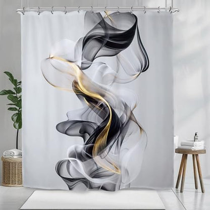 Abstract Modern Minimalist Shower Curtain 60Wx72L Inch Black Gold Gray Neutral Contemporary Art Aesthetic Bathroom Set Accessories Decor with 12 Pack Hooks