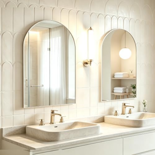 Wall Mounted Mirror, Arched Wall Mirror for Bathroom, 20"x30" Arch Bathroom Mirror with Metal Frame, 2 Pieces White Vanity Mirror Decor for Mantle, Bedroom, Entryway