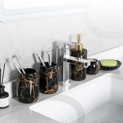 Ceramic Bathroom Accessory Set, 5-Piece Bathroom Accessory Set, Soap Dish, Toothbrush Holder, Soap Dispenser, Bathroom Tumbler & Candle Holder - Modern Bathroom Organizer, (Black & Gold)