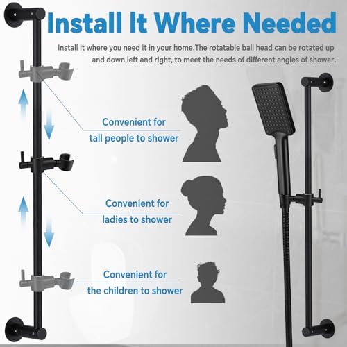 Shower Slide Bar Adjustable Handheld Shower Head Holder Wall Mount - 30inch All-Metal Shower Head Slide Bar Compatible with Bathroom Drill Free Glue Installation - Black