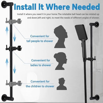 Shower Slide Bar Adjustable Handheld Shower Head Holder Wall Mount - 30inch All-Metal Shower Head Slide Bar Compatible with Bathroom Drill Free Glue Installation - Black