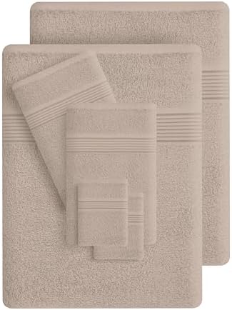 Belizzi Home 100% Cotton Towel Set, Contains 6 Soft Bath Towel, 6 Hand Towels, 12 Wash Cloths - Compact Absorbent Lightweight & Quickdry Towels for Bathroom - 24 Piece Bathroom Towel Set - Tan