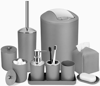 Grey Bathroom Accessories Set, 10Pcs Bathroom Accessory Set with Trash Can, Soap Dispenser and Toothbrush Holder, Soap Dish, Cotton Ball & Qtip Holder, Toilet Brush Holder, Tissue Box Cover