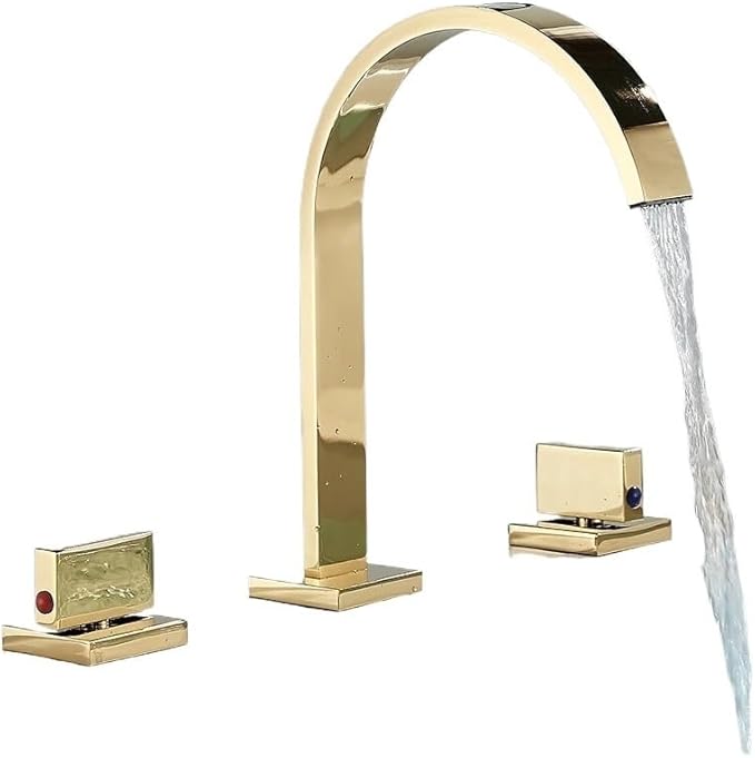 Faucet Brushed Gold Bathroom Basin Sink Taps Deck Mounted Wash Hot and Cold Water Faucet Mixer Tap(Gold Polish) Faucet
