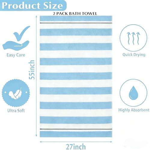 Microfiber Plaid Bath Towels Set of 2, 27 x 55 Inches Large Quick Dry Shower Towels, Super Absorbent Soft Lint Free Lightweight Body Wrap Towels for Bathroom, Beach, Travel, Gym, Spa