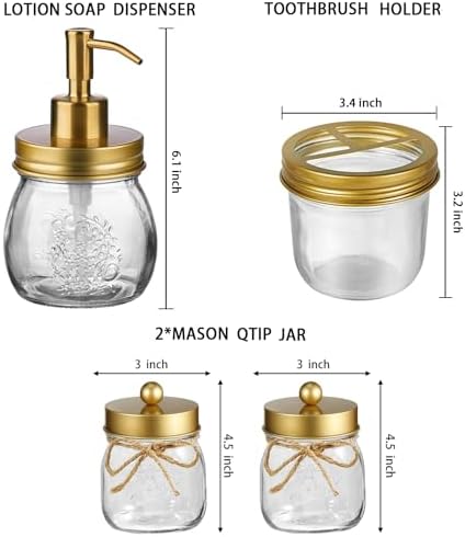 Amolliar Glass Mason Jar Bathroom Accessories Set 4 Pcs (Gold)