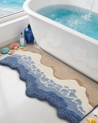 DEXI Cute Bath Mat, Sea Ocean Wave Bathroom Rugs, 43x26 Blue