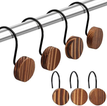 Wood Shower Curtain Hooks Rust Proof, Boho Shower Curtain Hooks Decorative, 24 Pack Shower Hooks for Shower Curtain, Shower Curtain Hangers Hooks (Brown,24)