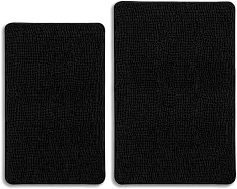 Black Bathroom Rugs Sets 2 Piece – Absorbent and Washable Bath Mat, Non-Slip, Thick Soft Chenille Bath Rugs for Bathroom Floor, Shower, Sink - 20" x 32"+24" x 36"