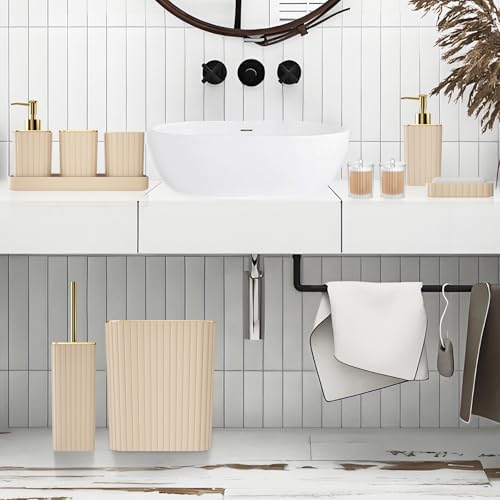 XLHOMO Bathroom Accessories Set - Gorgeous Bathroom Set, 10PC Beige Bathroom Accessory Set, Toilet Brush, Trash Can & Soap Dispenser