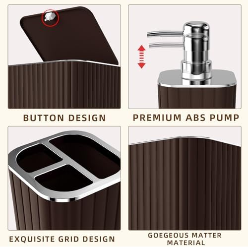 XLHOMO Bathroom Accessories Set - 25PC Brown Bathroom Sets with Shower Curtain and Rugs, Bathroom Accessory Set, Brown Shower Curtain Set, Trash Can, Qtip Holder Dispenser & Soap Dispenser