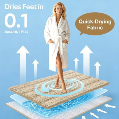 ACCUMTEK Striped Beige Bathroom Rug Set 3 Pieces Ultra Soft, Non Slip Chenille Toilet Mat, Absorbent Plush Shaggy Bath Mats for Bathroom, Bedroom, Kitchen