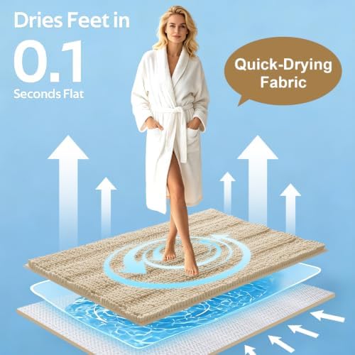 ACCUMTEK Striped Beige Toilet Bathroom Rug Mat Set 2 piece Rug Ultra Soft, Non Slip Chenille Bath Rugs, Absorbent Plush Shaggy Bath Mats for Bathroom, Bedroom, Kitchen, Shower, Tub
