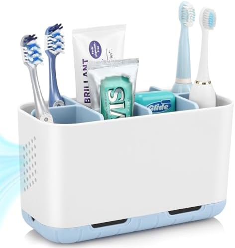 Boperzi Electric Toothbrush Holder for Bathroom Organizer Countertop, Detachable Anti-Slip Blue Toothpaste Storage Caddy 6 Slots White with Drainage Holes for Makeup Brush Razor Stand