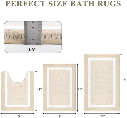 Pauwer 3 Piece Bathroom Rug Set, Non Slip Washable Bath Mat, Light Beige