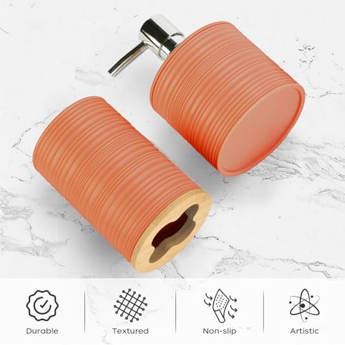 2PCS Orange Bathroom Set, Soap Dispenser, Dish & Bamboo Holder, Rustic