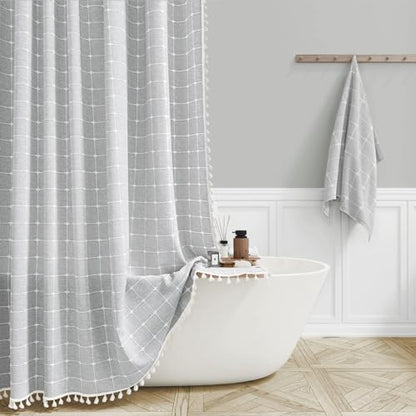 BTTN 48x72 Boho Farmhouse Linen Heavy Duty Shower Curtain Set, Gray/Grey