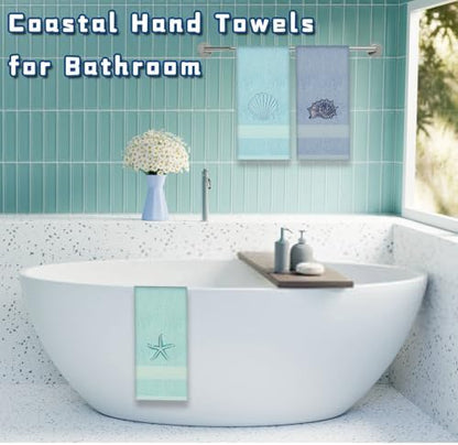 3 Pcs Coastal Hand Towels Ocean Decorative Bathroom Towels Decors Beach Hand Towel Embroidered Towel Decorative Set 100% Cotton Soft Absorbent Towels for Bathroom Decors