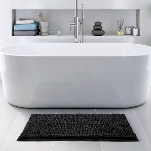 FRESHMINT Large Chenille Bathroom Rugs Mat 36”x24”, Non-Slip Bath Mat for Bathroom Floor & Bathtub, Washable Shower Shag Bath Rugs, Soft Fluffy Thick Water Absorbent Microfiber Shower Mat, Black