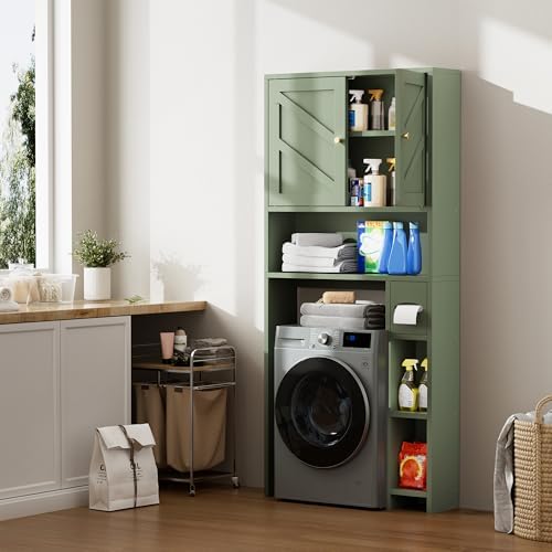 65.4" Over the Toilet Storage Cabinet, 29.1" Wide Bathroom Organizer with Toilet Paper Holder & Adjustable Shelf, Freestanding Space Saving Cabinet for Apartment, Laundry, Green