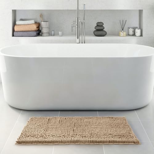 FRESHMINT Large Chenille Bathroom Rugs Mat 36"x24", Non-Slip Bath Mat for Bathroom Floor & BathTub, Washable Shower Shag Bath Rugs, Soft Fluffy Thick Water Absorbent Microfiber Shower Mat, Light Brown