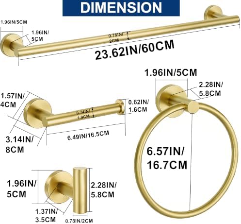 5 Pieces Bathroom Hardware Accessories Set Brushed Gold, 24Inch Bathroom Towel Rack Set SUS304 Stainless Steel, Round Toilet Paper Holder Heavy Duty, Wall Mounted