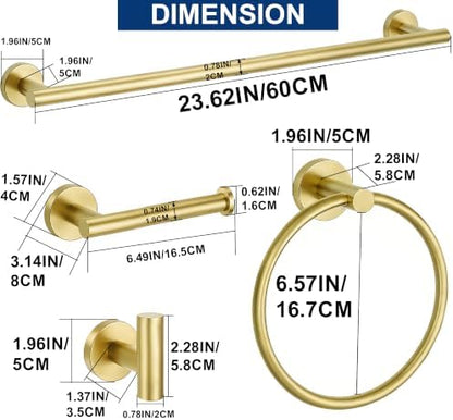 5 Pieces Bathroom Hardware Accessories Set Brushed Gold, 24Inch Bathroom Towel Rack Set SUS304 Stainless Steel, Round Toilet Paper Holder Heavy Duty, Wall Mounted