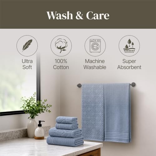 Modern Threads 6 Piece Bath Towel Set – Bathroom Towel Set with 2 Bath Towels, 2 Hand Towels & 2 Washcloths – 100% Cotton, Soft & Absorbent – Geometric (Blue)