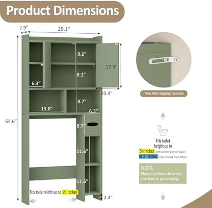 Over The Toilet Storage Cabinet, 64.6" Tall Bathroom Organizer Space Saver with Toilet Paper Holder & Adjustable Shelf, Freestanding Wood Cabinet for Small Space, Green