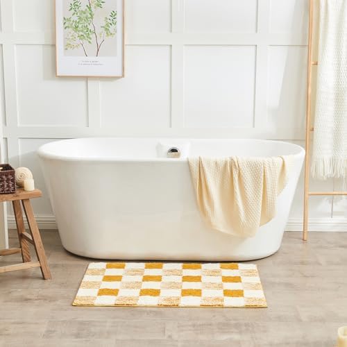 CozeCube Harvest Gold Checkered Bath Mat 24"x16" Non Slip Washable Rug