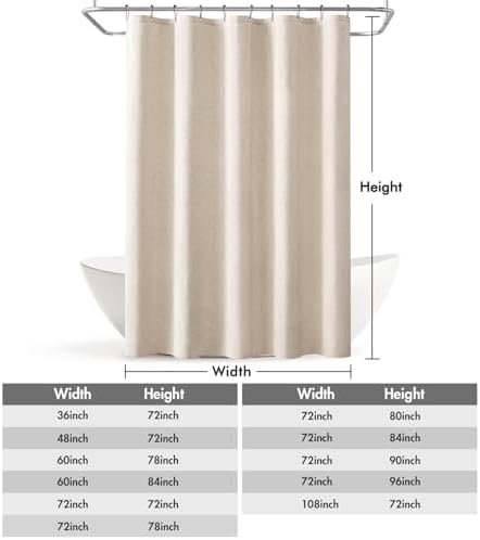 MIULEE W60*L84 Extra Long Linen Shower Curtain Cream Beige 10 Metal Hooks
