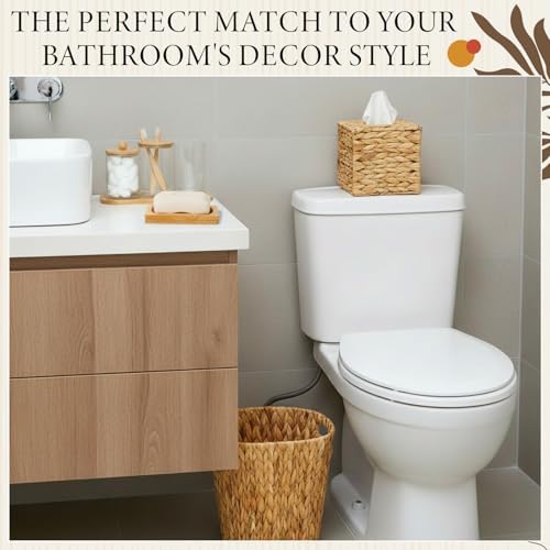Teenyyou 9-piece Handwoven Wicker Bathroom Set, 15L / 4 Gallon Natural Water Hyacinth Trash Can, Tissue Holder, Soap Dispenser, Toothbrush Cup, Vanity Tray & Storage Jars