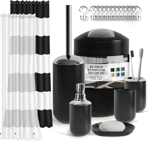Clara Clark Bathroom Set - Black, 20PC Accessory, Shower Curtain, Soap Dispenser, Toilet Brush, & Trash Can, Complete Set (Pack of 8)