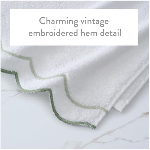 Peri Home 2 Piece Cotton Bath Towel Set, Embroidered, White, Sage Scallop