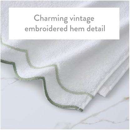Peri Home 2 Piece Cotton Bath Towel Set, Embroidered, White, Sage Scallop