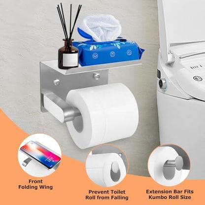 4 Piece Silver Bathroom Hardware Set, Stainless Steel Wall Mounted Towel Hooks, Ring & Oversized Toilet Paper Holder with Shelf, Modern Home Accessories for Bathroom, Washroom, Kitchens and RVs