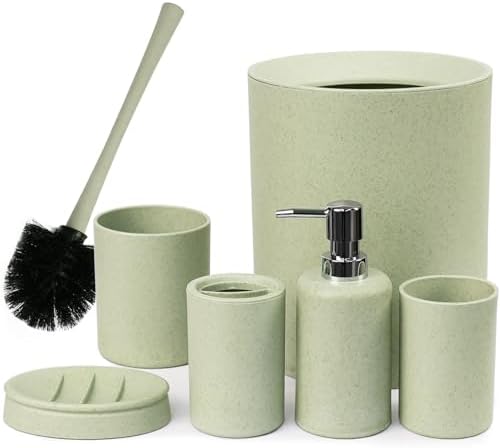 CERBIOR Bathroom Accessories Set 6 Piece Wheat Straw Bath Ensemble,Green