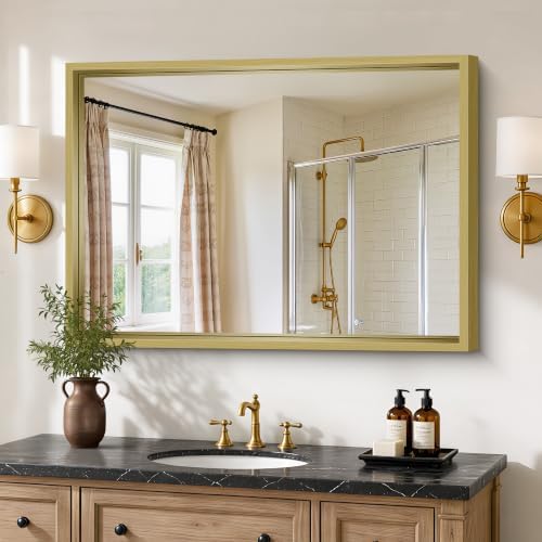 Bathroom Mirror, 30 x 42 inch Natural Wood Grain Colored Aluminum Metal Frame Bathroom Vanity Mirror, Rectangle Wall Mirror for Bedroom Living Room, Tempered Glass, Horizontal or Vertical