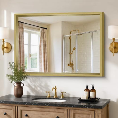 Bathroom Mirror, 30 x 42 inch Natural Wood Grain Colored Aluminum Metal Frame Bathroom Vanity Mirror, Rectangle Wall Mirror for Bedroom Living Room, Tempered Glass, Horizontal or Vertical