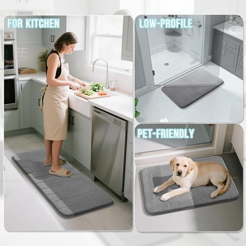Yimobra Memory Foam Bathroom Rugs Sets 2 Piece - Super Soft Absorbent Quick Dry Bath Mat Set, Machine Washable Non Slip Floor Carpet for Tub Shower & Single Sink (17x24 & 31.5x20 Inch, Gray)