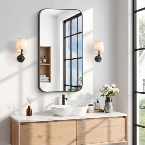 BONEWEI 20x36 inch Bathroom Mirror,Black Rectangle Mirror,Wall Mounted Bathroom Frame Vanity Mirror with Round Corner for Bedroom Living Room,Entryway Hangs Horizontal or Vertical