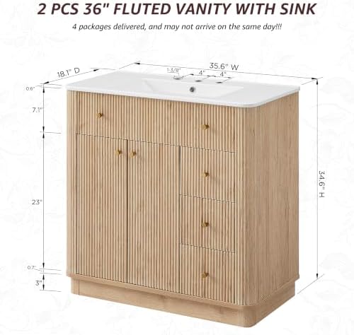 T4TREAM 72" Fluted Bathroom Vanity with 2 Single Sinks, Natural Oak
