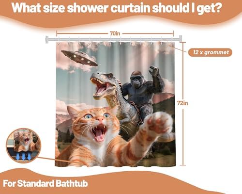 Funny Cat Riding Dinosaur Shower Curtain UFO, 70x72 Inch