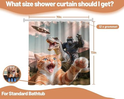 Funny Cat Riding Dinosaur Shower Curtain UFO, 70x72 Inch