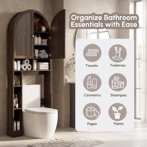 HMstone Over The Toilet Storage Cabinet, Arched Bathroom Organizer and Storage with Doors and Adjustable Shelf, Space-Saving Freestanding Bathroom Modern Storage Cabinet Over Toilet (Walnut)