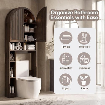 HMstone Over The Toilet Storage Cabinet, Arched Bathroom Organizer and Storage with Doors and Adjustable Shelf, Space-Saving Freestanding Bathroom Modern Storage Cabinet Over Toilet (Walnut)
