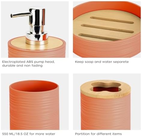 4PCS Orange Bathroom Set, Soap Dispenser, Dish & Bamboo Holder, Rustic