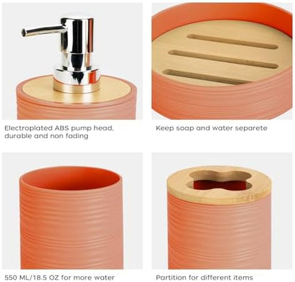 4PCS Orange Bathroom Set, Soap Dispenser, Dish & Bamboo Holder, Rustic